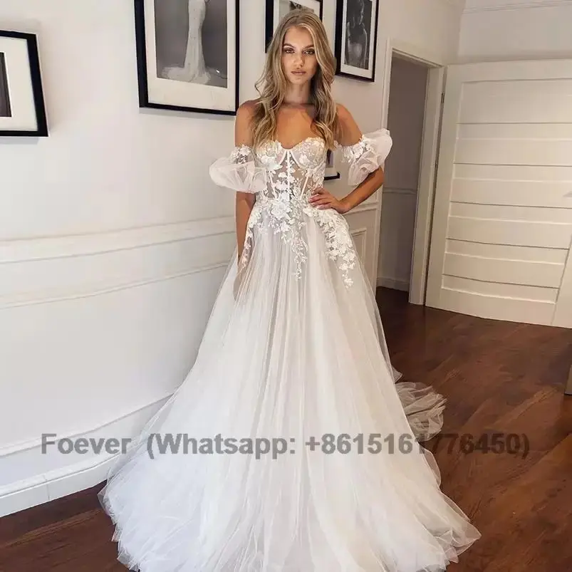 

Off Shoulder A Line Lace Wedding Dresses For Women Bridal Gowns with Appliques Sweep Train Tulle Boho Beach Bride Dress Robe