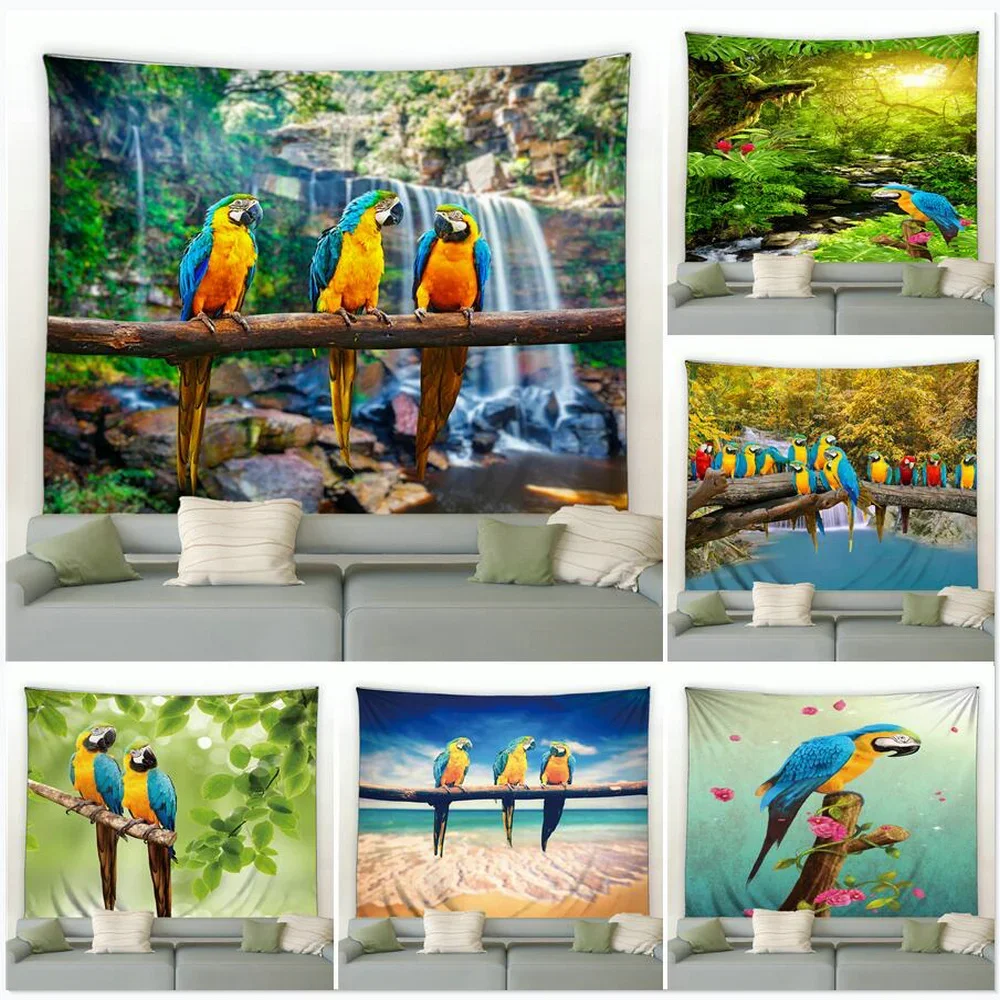 Papegaaienpatroon Kleurrijke Vogel Oceaan Strand Zee Palmboom Waterval Woonkamer Woonkamer Achtergrond Interieur Wandtapijt