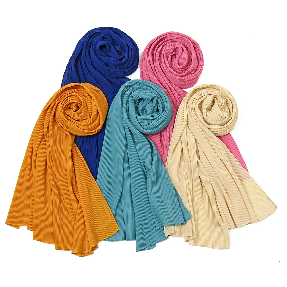 Plain Wrinkle Bubble Chiffon Pleated Hijab Shawl Scarf Lady High Quality Wrap Beach Cover-up Stole Bufanda Muslim Sjaal 170*50Cm