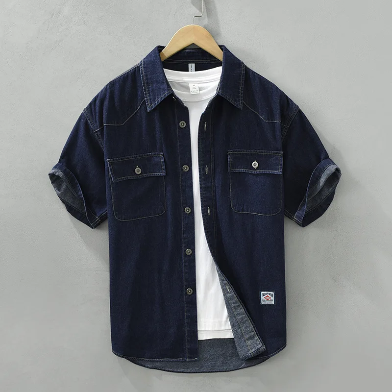 Summer Short Sleeve Denim Shirt Men Casual Loose Blue Jeans Japanese Double Pockets Cowboy Youth Fashion