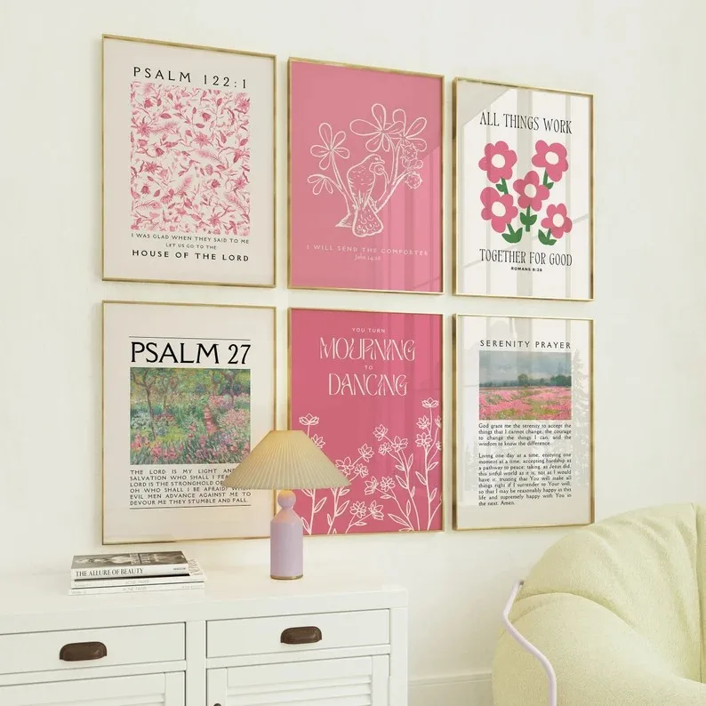 Description Picture 3 of itemPink Christian Verse Prints Posters Vintage Bible Wall Art Canvas Painting Modern Living Room Bedroom Home Aesthetic Decoration