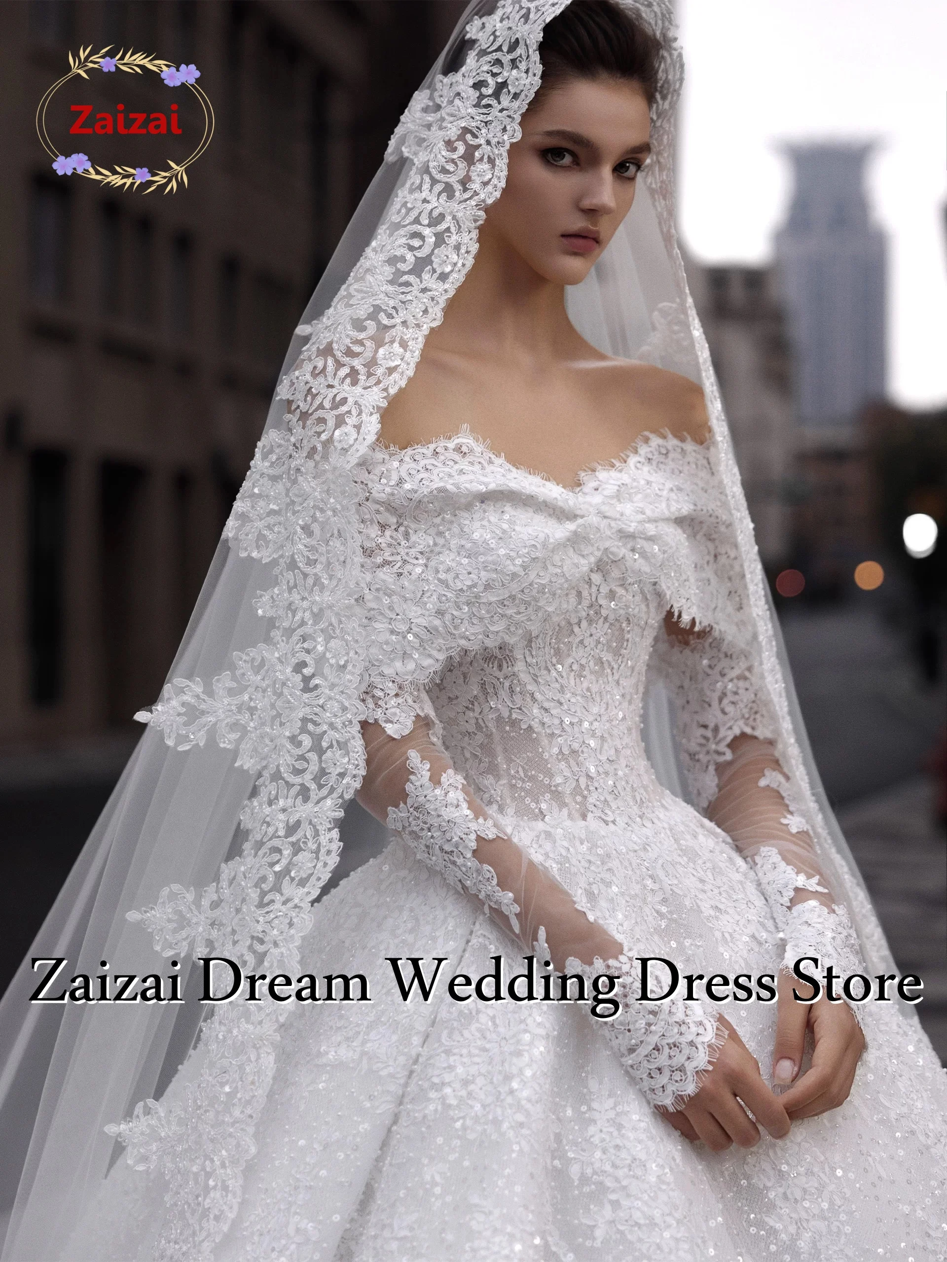 Customized Luxury Sequins Lace Applique Ball Gown Wedding Dress Off Shoulder Appliques Long Sleeve Bridal Gown Vestidos De Novia
