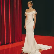 

Sevintage Boho Satin Mermaid Wedding Dresses Crystal Off the Shoulder Pleat Bridal Dress Custom Made Wedding Gown 2022