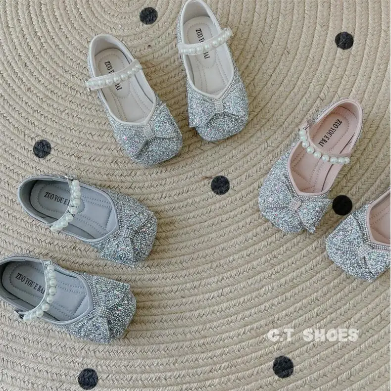 

Spring Autumn New Girls Princess Shoes Rhinestone Bowknot Children's Single Shoes Pearl Soft Sole Baby Leather Shoes Size 21-37