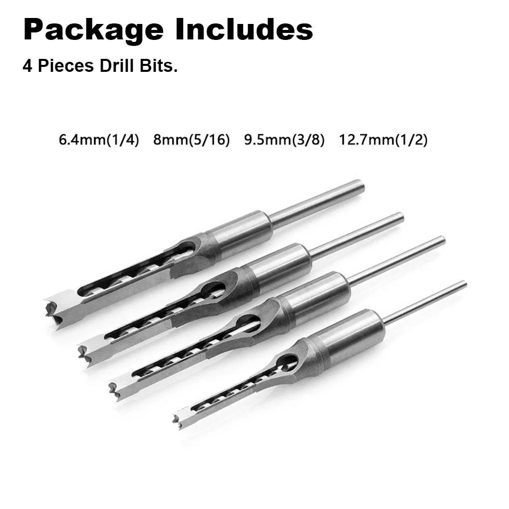 

Pack of 4 Woodworking Drill Bits Carbon Steel Square Mortising Drilling Bit Punching Extended Carpentry Furniture Tool