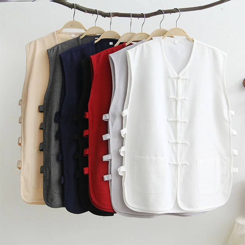 Men Summer Thin Cotton Linen Vests Tang Suit Traditional Chinese Shirts Tee Tops Kung Fu Vests Sleeveless Viking Pirate T-Shirts