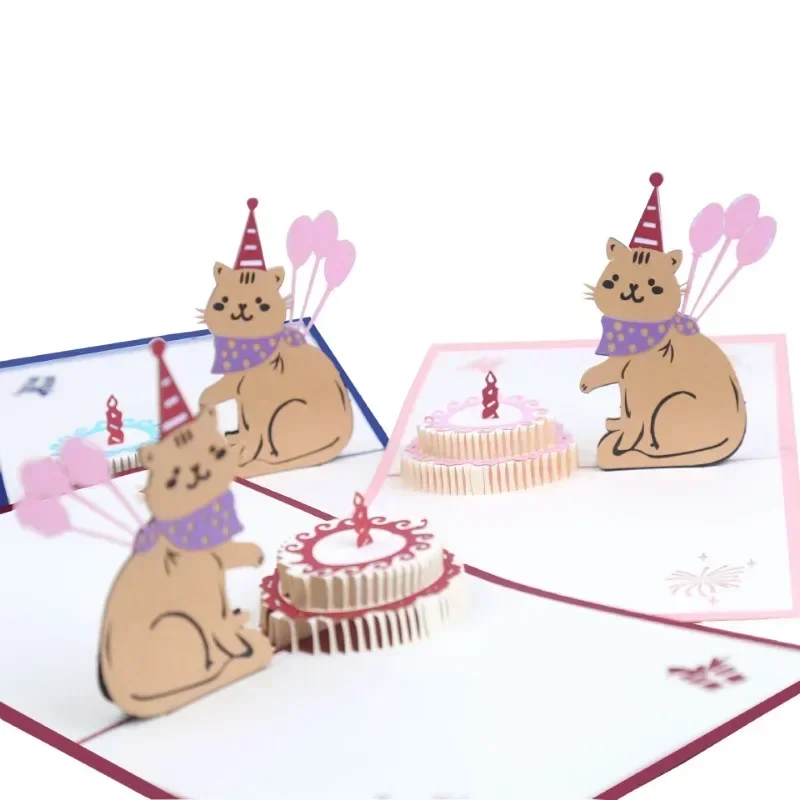Greeting Cards 3D Cat Birthday Card Paper Carved Hollow Cake