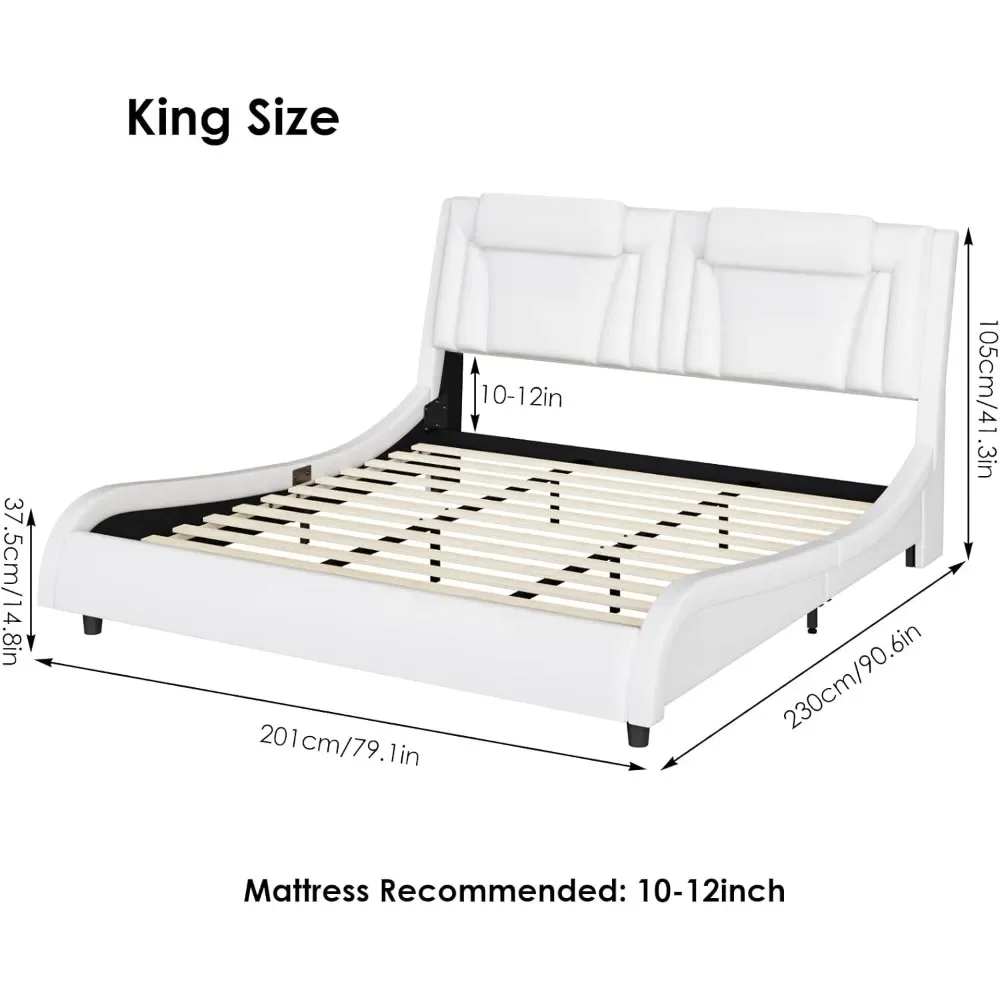Bed Frame with Adjustable LED Headboard, Wave-Like Curve Design, Solid Wooden Slats Support Modern Upholstered King Bed Frame 2