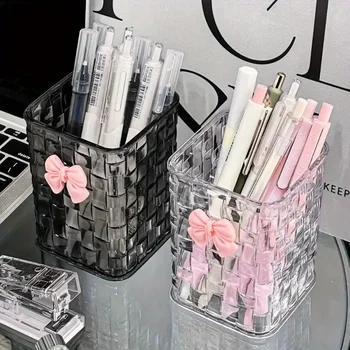 Durevole organizer da scrivania in acrilico trasparente con portapenne PMMA con fiocco e cestino portaoggetti per forniture per ufficio, penne e accessori