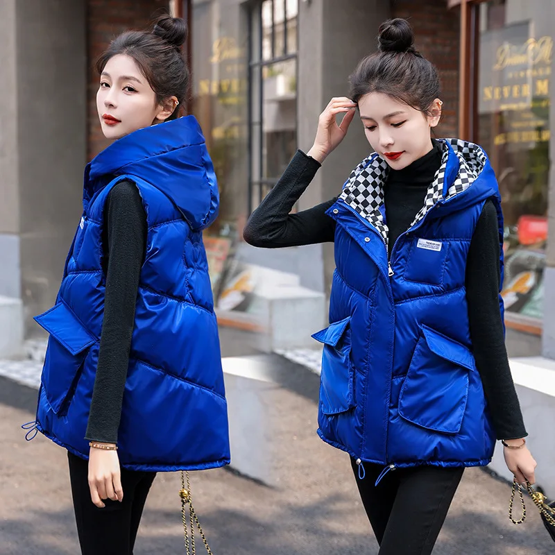 Winter Thick Warm Down Cotton Hooded Vest Women Windproof Sleeveless Cardigan Zipper Pocket Korean Parkas Vests Loose Outerwear