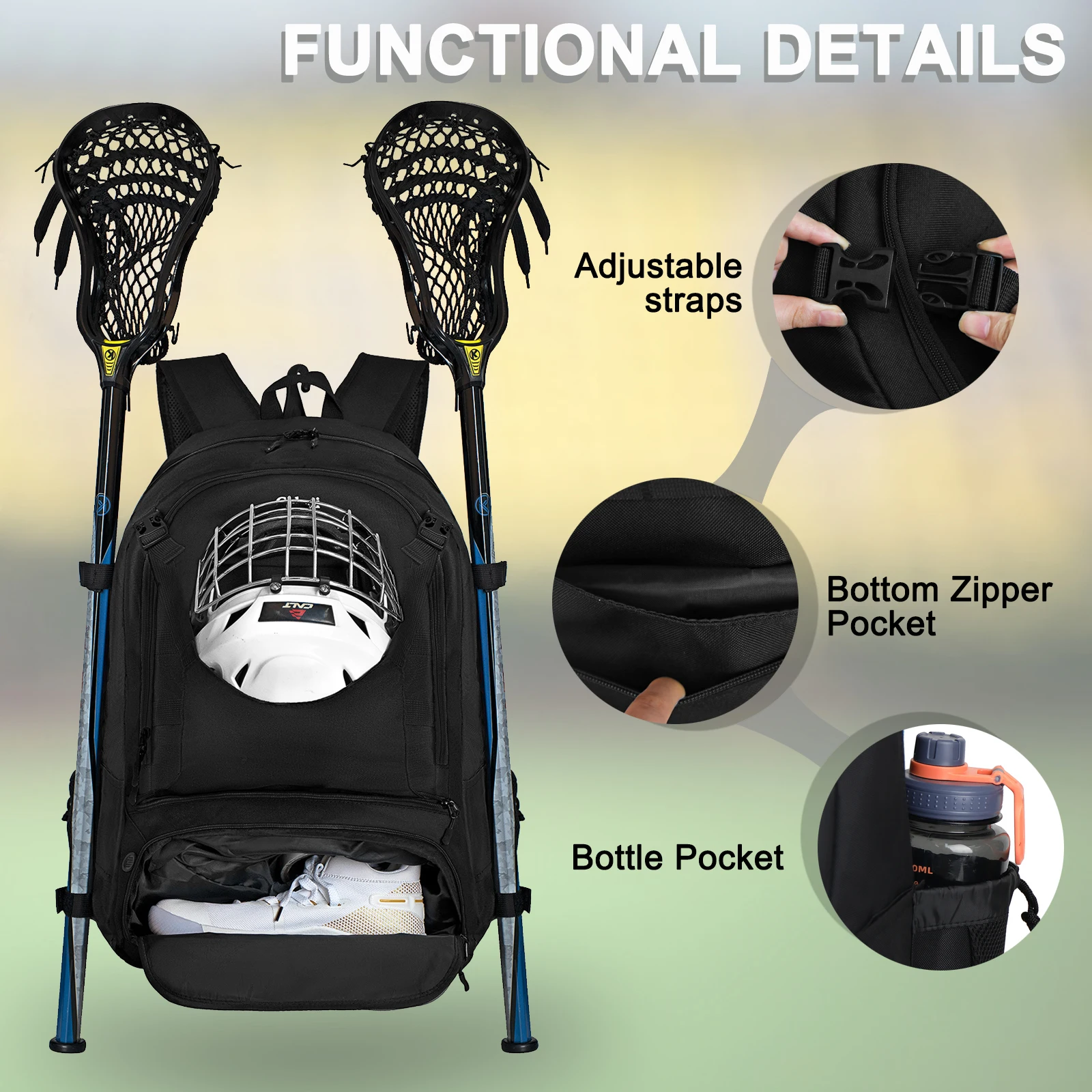 Mochila GRANDE para equipo de Lacrosse con dos soportes para palos y compartimento para tacos separados, bolsa de Hockey de campo