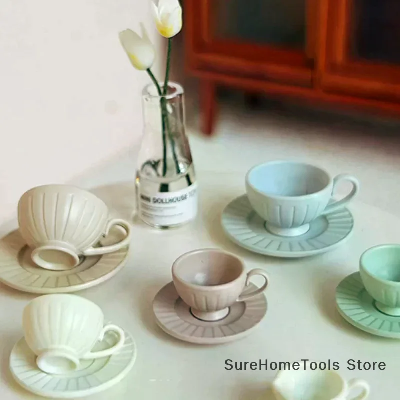 1Pcs Dollhouse French Retro Mini High Foot Relief Mark Coffee Cup With Handle Miniature Scene Decoration High End Stemmed Mugs