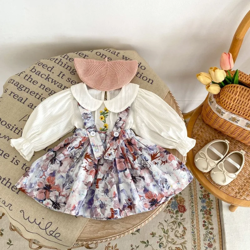 

HoneyCherry Autumn Baby Girl Sweet Embroidery Top + Ink Flower Back Skirt Sets Baby Clothes Set Newborn