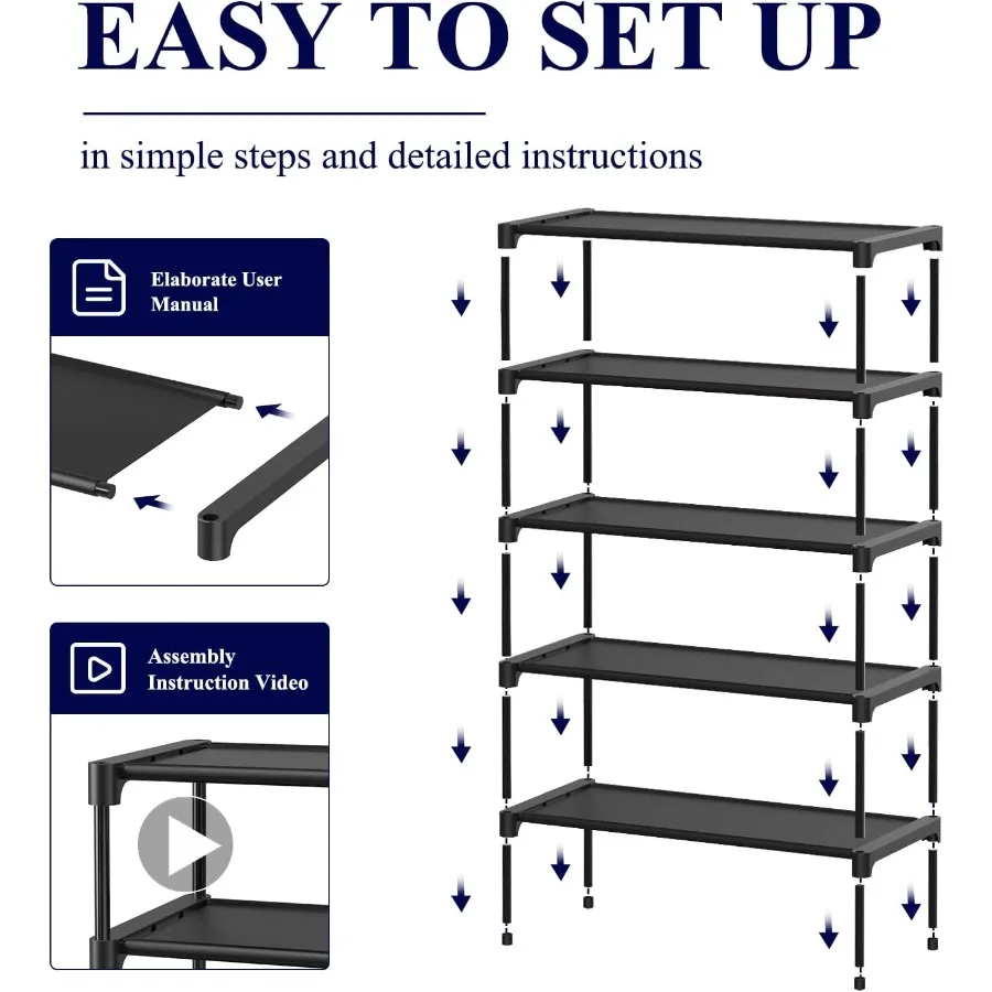 Shoe Rack NonWoven Shoe Rack Shelf Shoe Organizer for Closet Entryway Garage Corridor Stackable Shoe Shelves 2XLarge Black