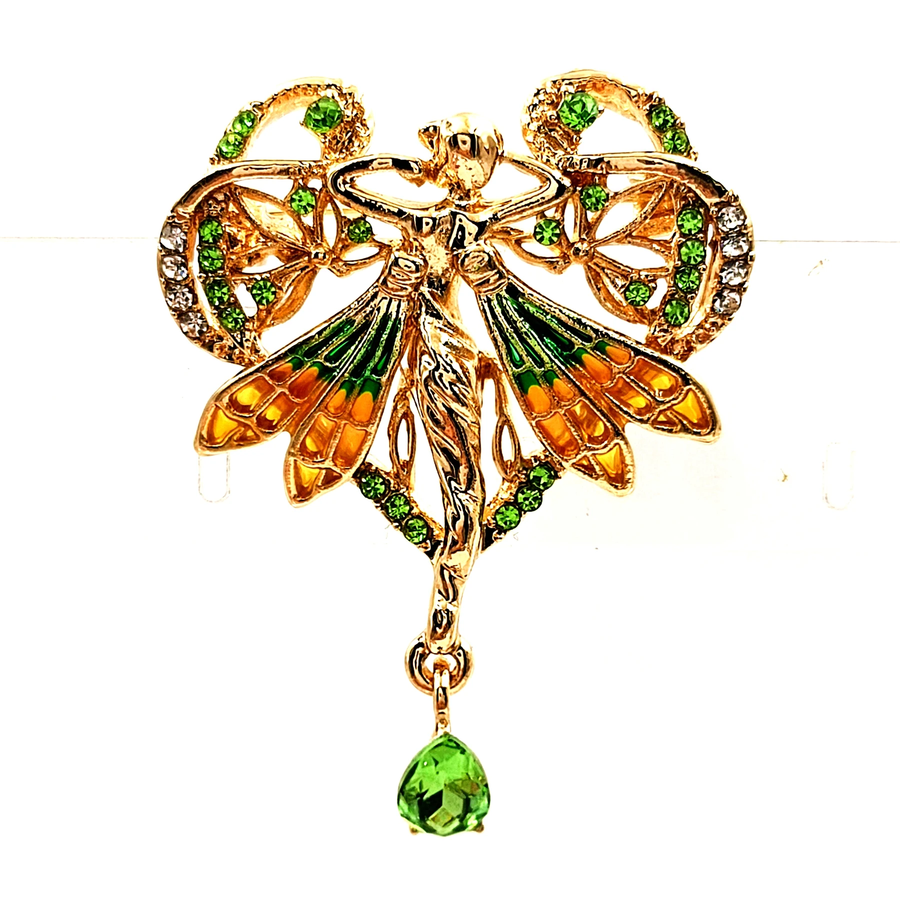 

Art Nouveau Style Love Heart Enamel Fairy Brooches with Green Drop Fantastic Girly Princess Gala Themed Party Costume Jewelry