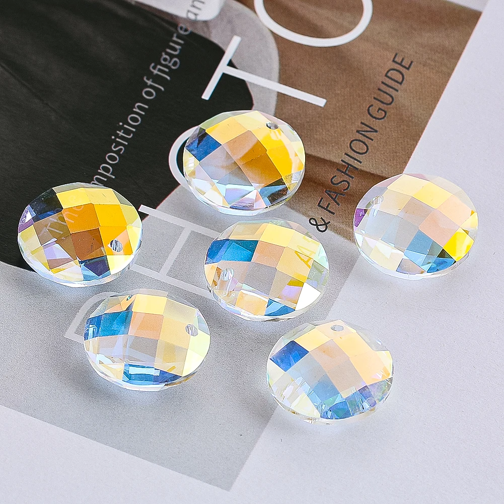 18mm AB Color Circle Round Holes Flatback Prism Glass Crystal Laser Faceted Grid Rainbow Suncatcher Chandelier Jewelry Bead 10PC
