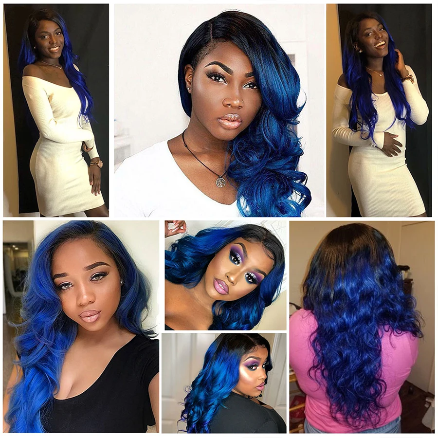 Ombre Body Wave 1B/Blue Human Hair Malaysian Body Wave 3 Bundles Dark Roots To Medium Auburn 2 Tone Bundles Malaysian Hair Weave