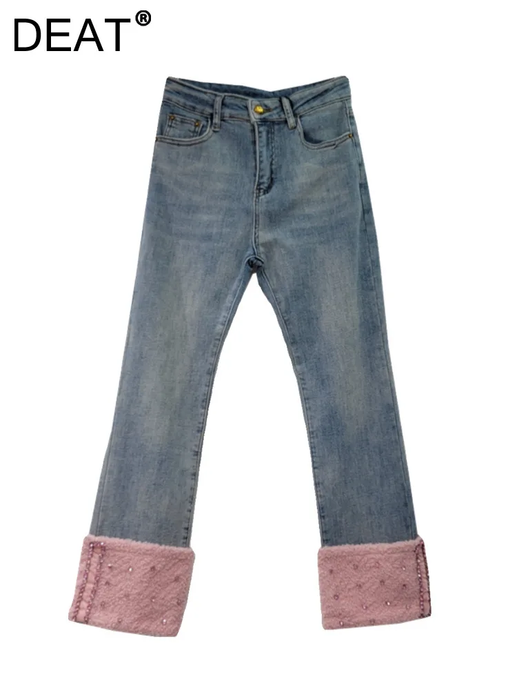 

DEAT Women's Jeans High Waist Spliced Lamb Wool Cuffs Diamonds Fleece Denim Ankle-Length Pants 2024 Spring New Fashion 29L6270