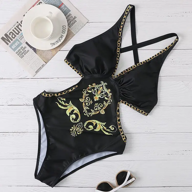 Gold Print floral Girl Swimsuit Sexy Bikinis Pop Print Lady Women  Swimsuits Outfits Classic Pattern Swimming set