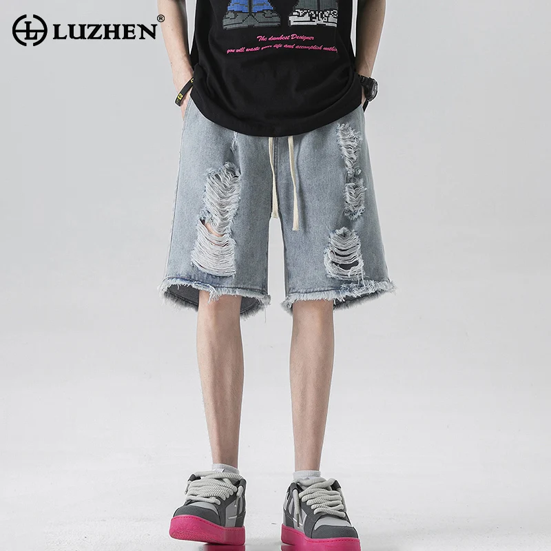 

Модные джинсовые брюки LUZHEN с декоративным шнурком, модные стильные уличные новые мужские шорты с дырками, бесплатная доставка LZ3235