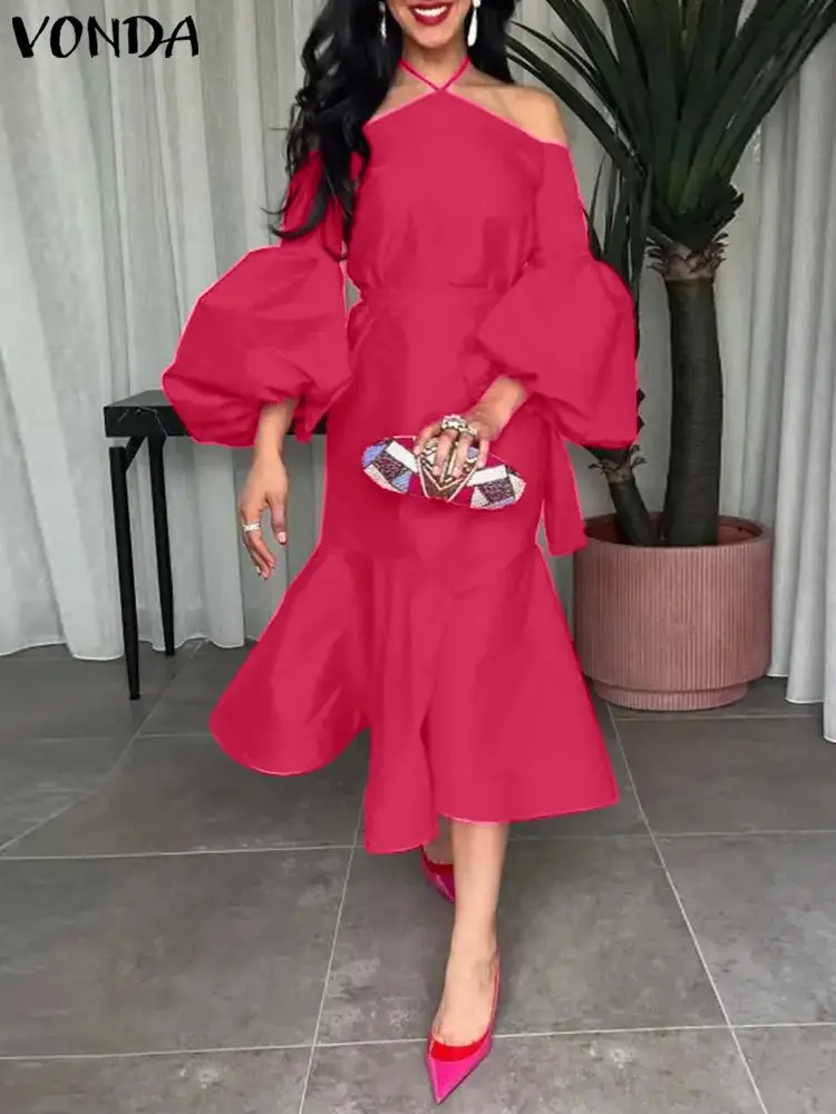 

Women Long Dress 2023 VONDA Sexy Off Shoulder Party Dress Vintage Lantern Sleeve Swing with Belt Vestidos Solid Color Sundress