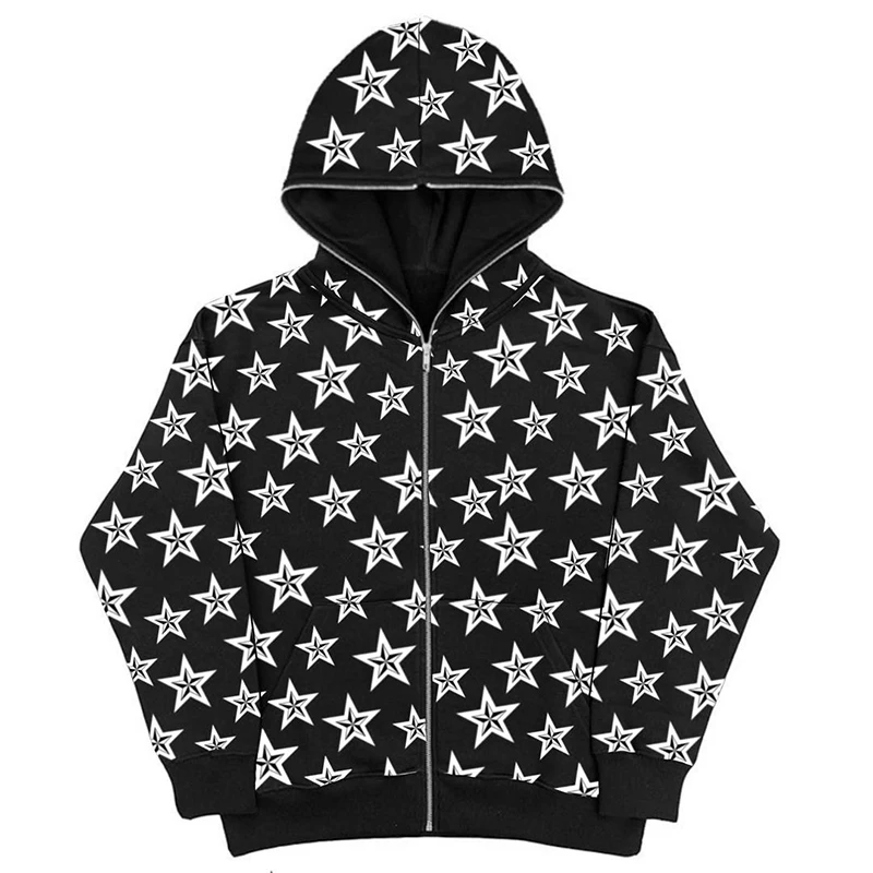 

Dark Academia Star Print Sweatshirt Autumn Spring Clothes Y2K Retro Grunge Mall Goth Zip Up Hooded E Girl Gothic Streetwear