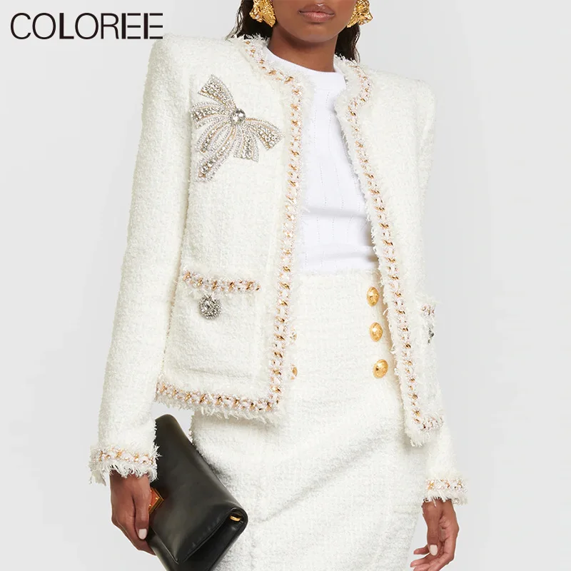 

Luxury Diamonds White Wool Coats for Women High Quality Elegant Bow Beading O-neck Short Tweed Jacket Abrigo Mujer Invierno 2023