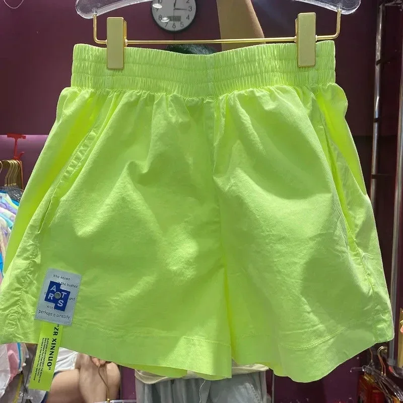

Summer Women Candy Color Shorts High-waisted A-line Wide Leg Labeling Short Pants Neon Yellow Korean Casual Street Wear B824