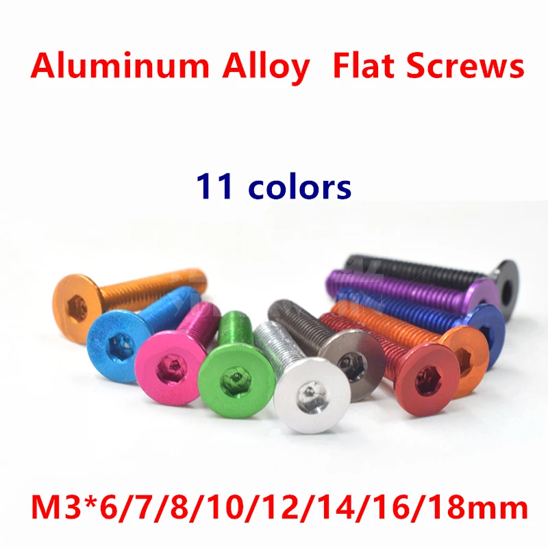 Tornillo plano de aluminio 7075, 10 piezas, M3x6/8/10/12/14/16/18, Allo hexagonal, cabeza avellanada, pernos anodizados, 11 colores