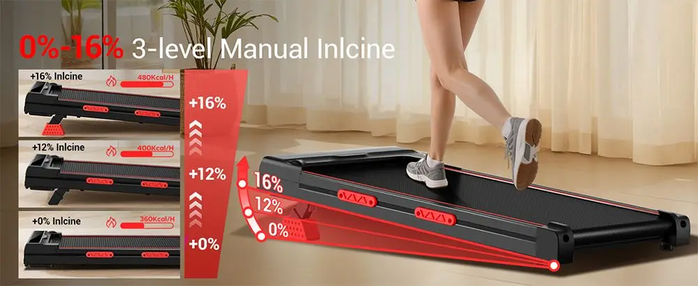 ROBORE X5 Walking Pad with 16% Incline, Triple Shock Absorption, Quiet 2.5HP Brushless Motor, 10km/h Speed, Under-Desk Treadmill