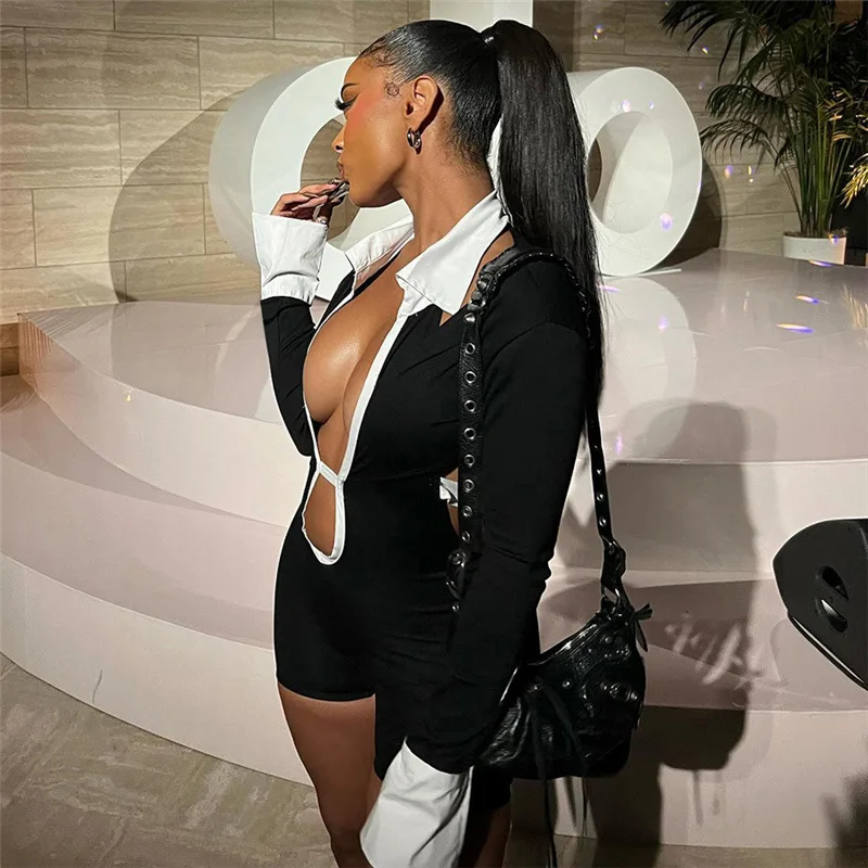 European and American Style Autumn and Winter New Women's Fashion Lapel Sexy Hollow Out Backless Contrasting Slim Fit Jumpsuit 3