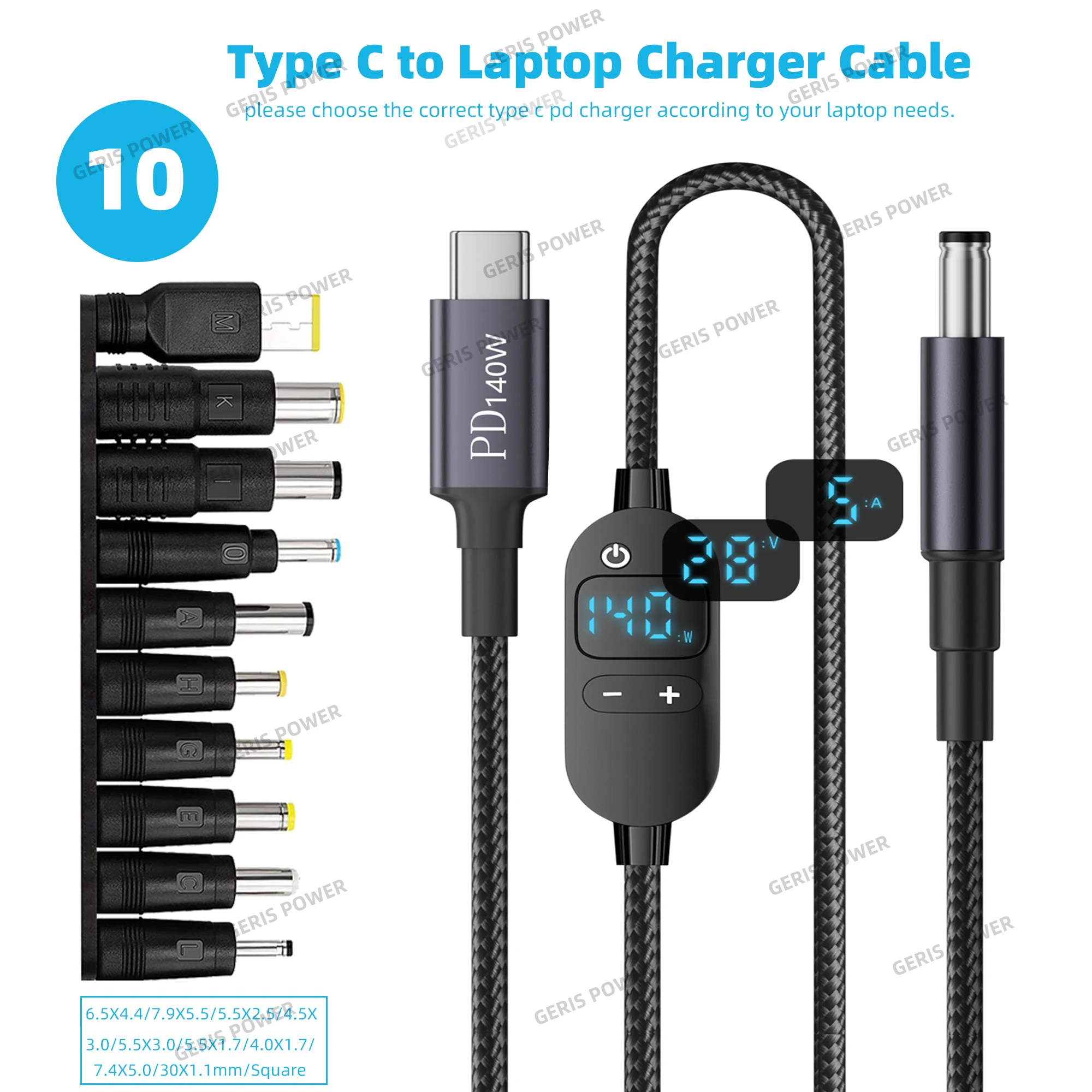 ตัวเลือกสินค้า สายแปลงไฟ USB-C เป็น DC 140W ปรับแรงดันได้ 5-28V
