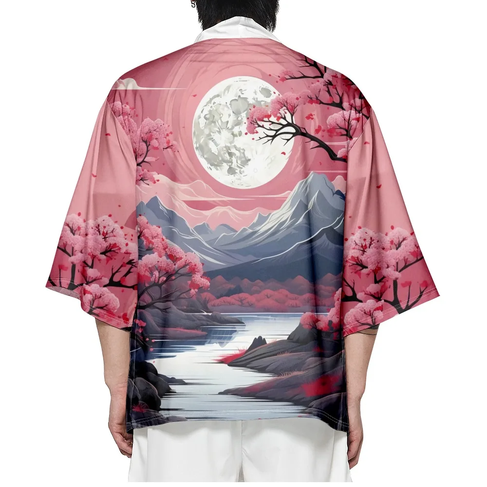 Pink Print Vintage Style Cardigan Haori Shirts Women Men Cosplay Yukata Clothing Harajuku Kimono Plus Size 6XL 5XL 4XL