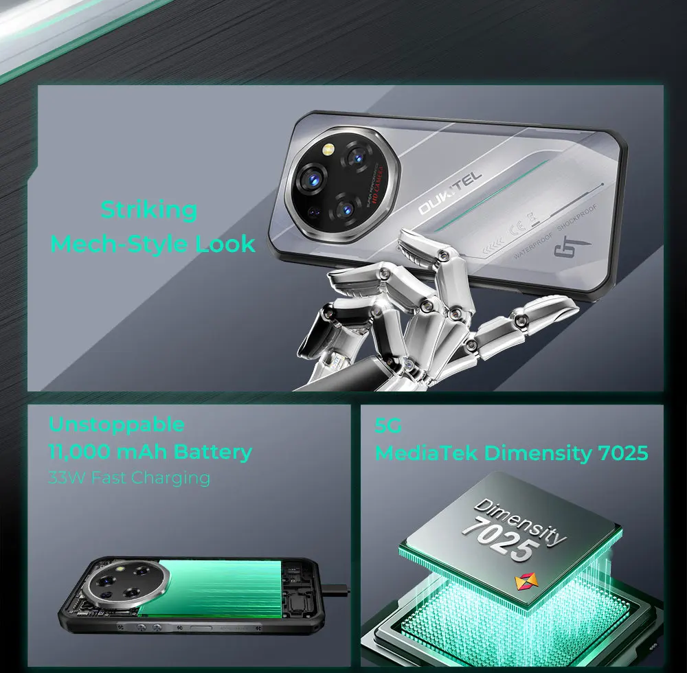 OUKITEL WP62 Rugged Smartphone Android 15 36GB(12+24) RAM 512GB ROM 11000mAh 33W 6.6'' FHD+ Display 108MP NFC Mobile Phone