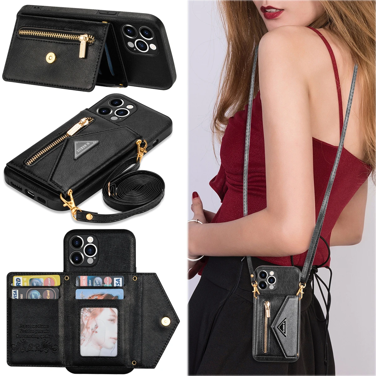 Zipper Wallet for IPhone 13 12 Mini 11 X XR XS Pro Max 7 8 Plus Case with Card Holder Lanyard Strap Crossbody Leather Cover 13 pro max case