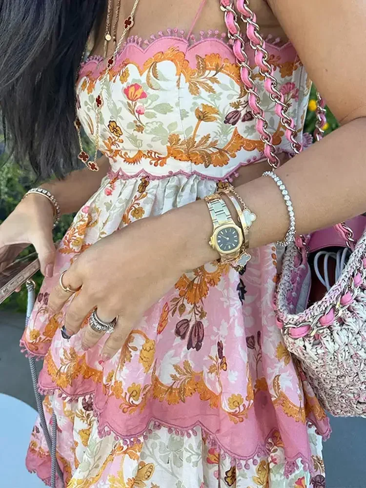 Elegant Ruffles Layer Printed Cake Maxi Dresses for Women 2024 Summer Vacation Backless Print Dress Ladies Streetwear 3