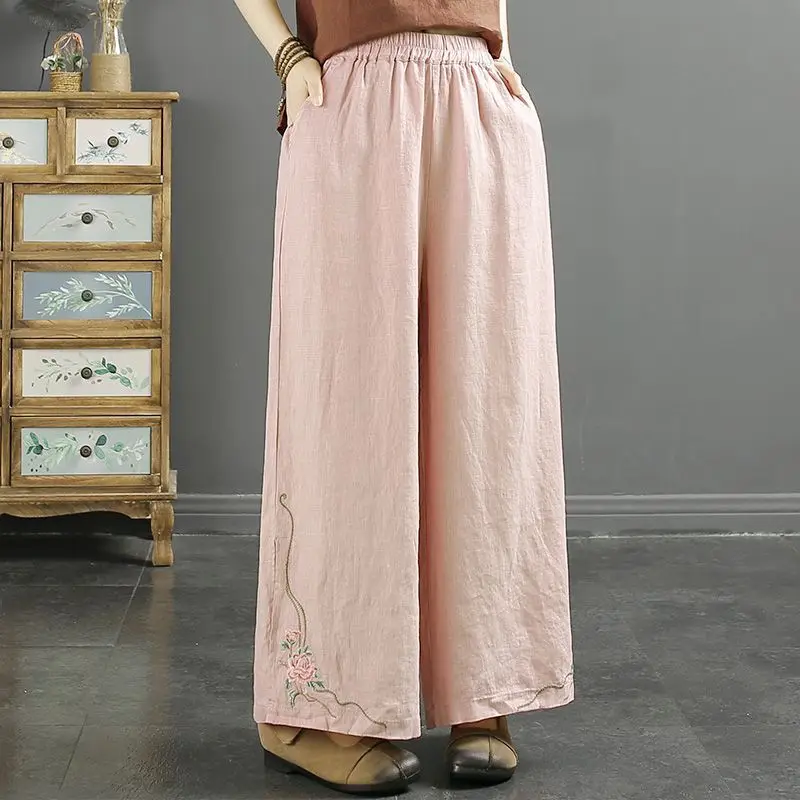 Retro Chinese Style Embroidery Cotton Linen Wide Leg Pants for Women in Summer with Elastic Waist and Loose Casual Cropped Pants