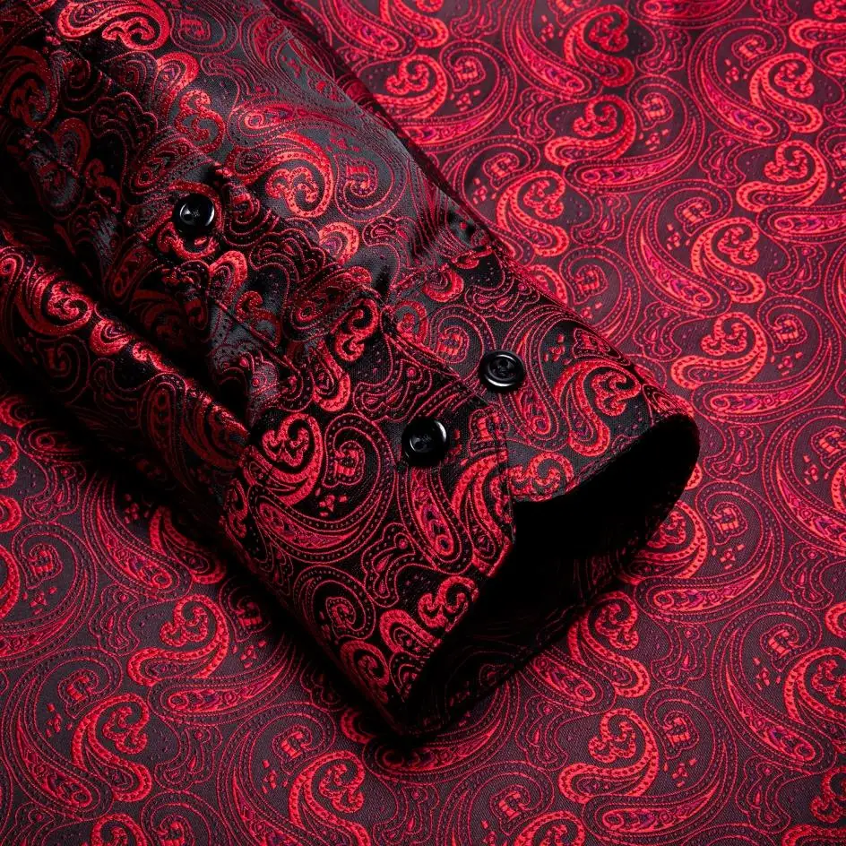 Long Sleeve Shirt Hi-Tie Long Sleeve Silk Shirts For Men Suit Dress Outwear Male Slim Jacquard Wedding Floral Paisley Gold Blue Red