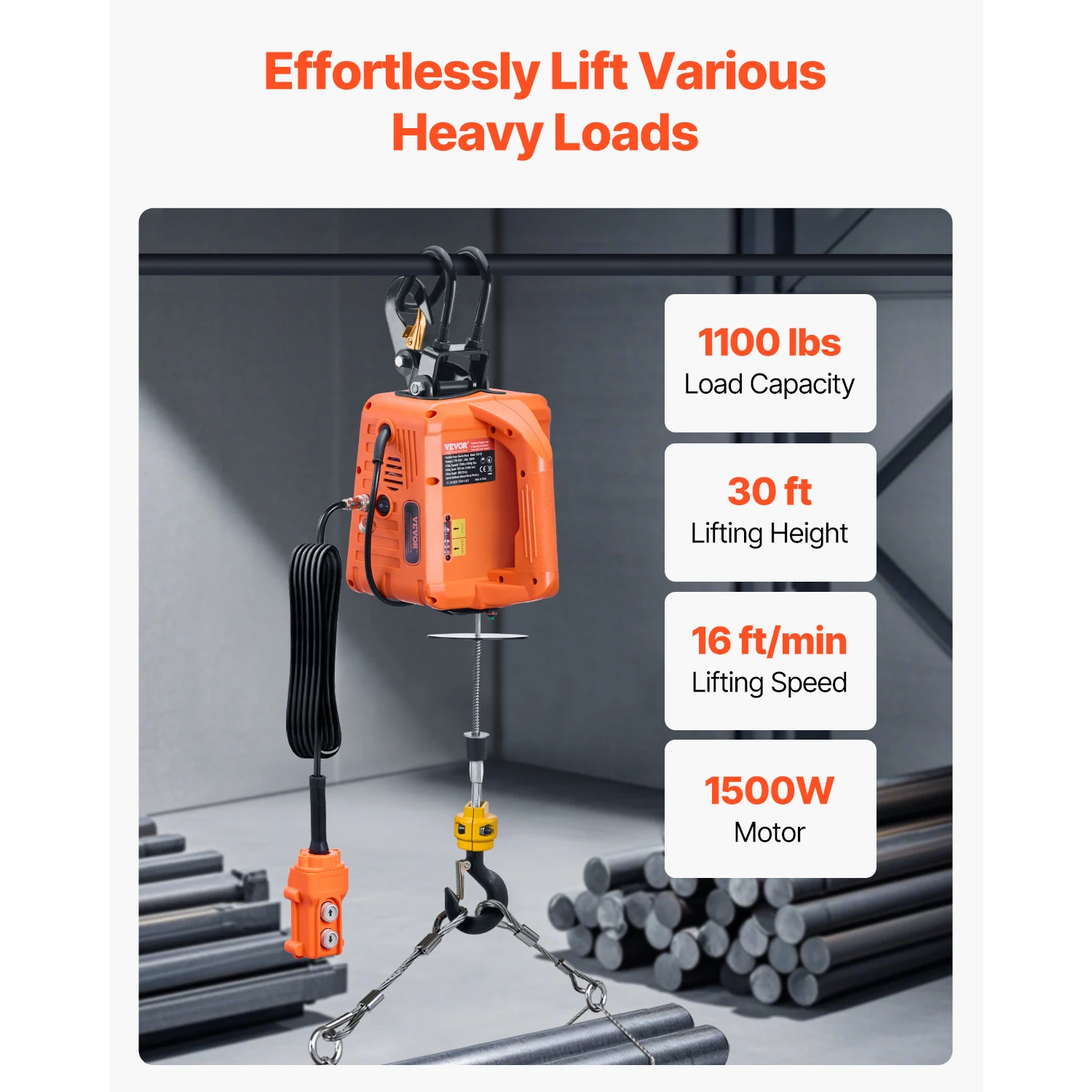 Portable Electric Hoist Winch 1100Lbs 30ft Lifting Height