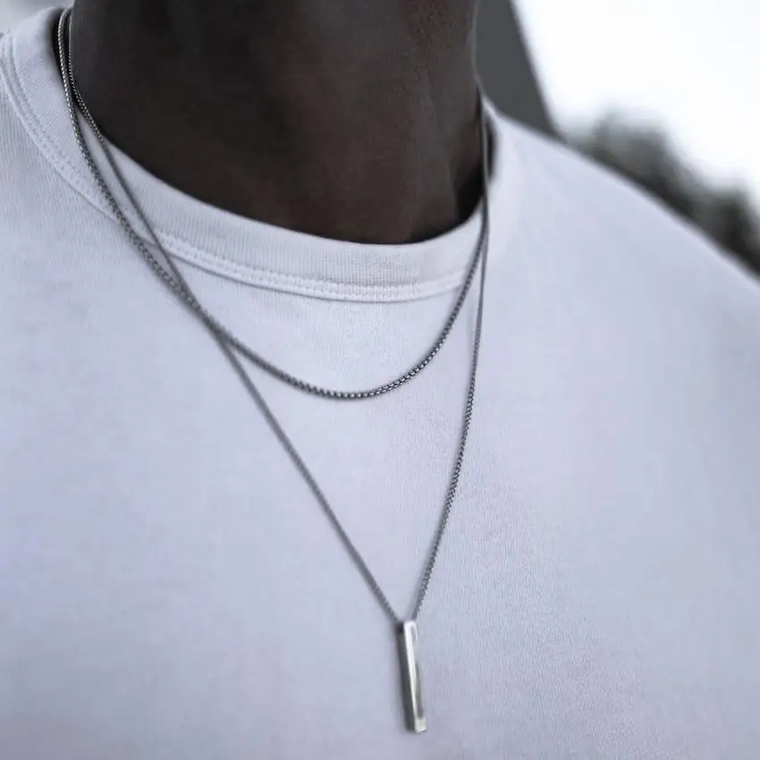 Colliers à barres verticales 3D Vnox pour hommes, pendentif géométrique en acier inoxydable superposé, chaîne cubaine en corde de blé superposée, collier pour garçon_voghion.com