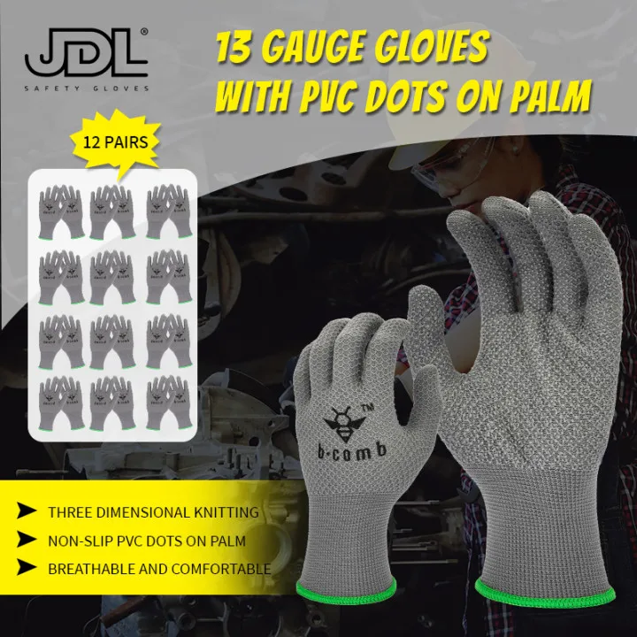 JDL 12 Pairs Work Glove 13-Pin Honeycomb Polyester Knit Design PVC Coating Anti Slip | Безопасность и защита