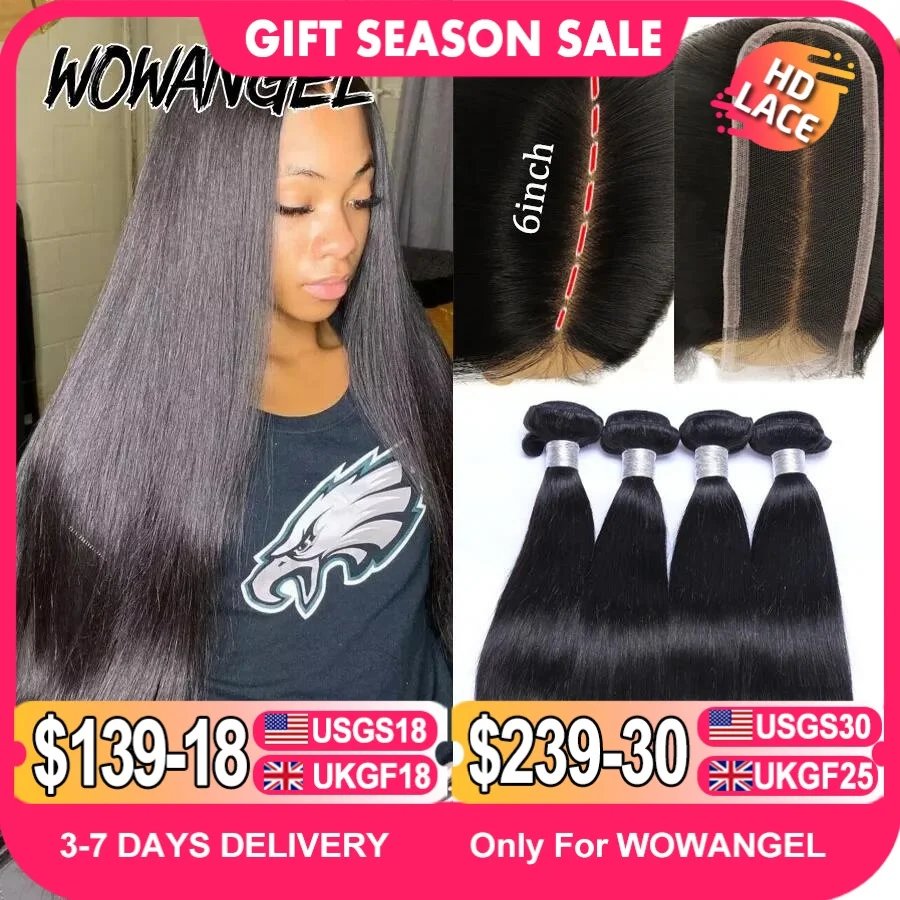2x6 HD Lace Closure with Bundles Human Hair Deep Parting Melt Skins 30 32inch Brazilian Straight Hair Extensions human hair bundles