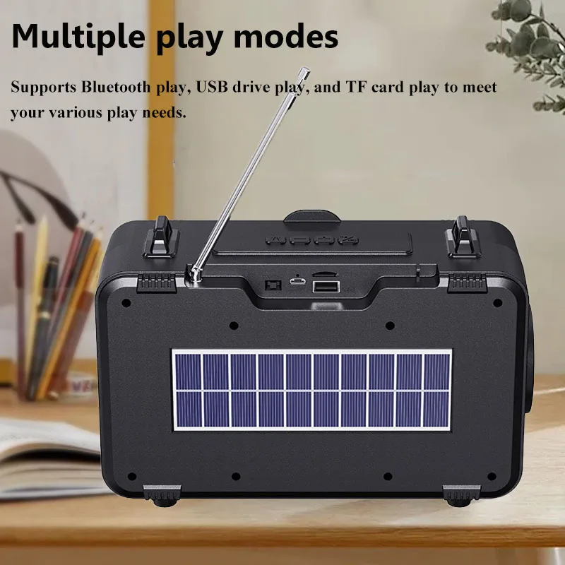 Portable Solar Charging Radio Emergency FM Radios Wireless Bluetooth 5.3 Speaker Soundbar with LED Flashlight TF USB Music Playe