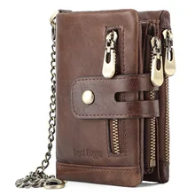 

Men's Wallet Vintage Genuine Leather Wallet RFID Blocking Chain Zipper Cowhide Coin Purse Bank Credit Card Money Bag Wallet Man