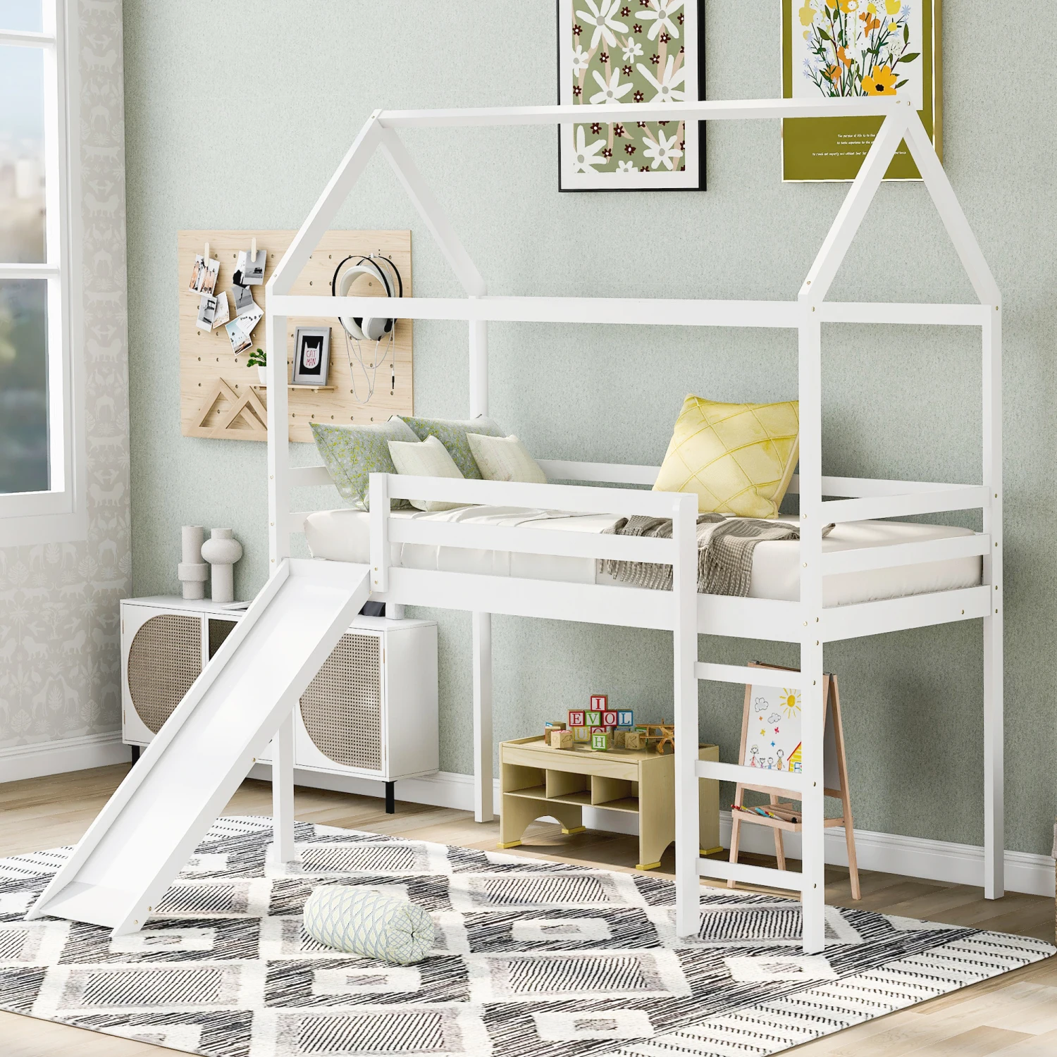 

White Twin Loft Bed with Fun Slide for Kids - Upgrade Your Child's Room with this Cozy House Bed-OLD SKU WF286245AAK