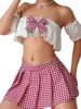Sexy School Girl Costume Set Bow Strapless Bra Plaid Mini Skirt Arm Sleeves Babydoll Sleepwear Outfit for Women 2