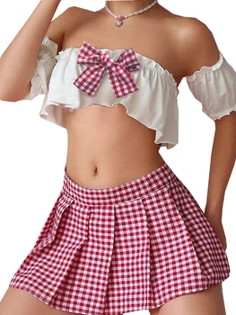 Sexy School Girl Costume Set Bow Strapless Bra Plaid Mini Skirt Arm Sleeves Babydoll Sleepwear Outfit for Women 2