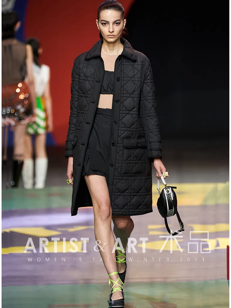 【Provide label】 2022 Spring Women Fashion Designer Long Sleeve Plaid Black  Solid Color Straight Coats