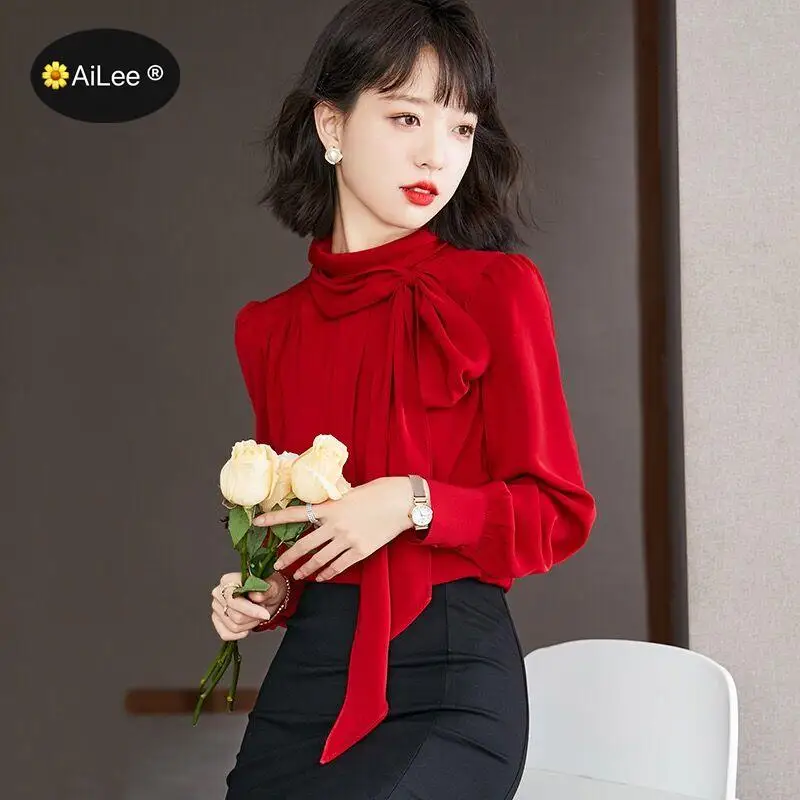 Chiffon Wine Red Date Dinner Blouse Ribbon High Collar Long Puff Sleeve Shirts Women Lady Office Fold Elegant Design Luxury Tops 2023 women fashion summer s 2xl sleeveless printed solid color dress slim casual fold tube top skirt lady oversized party dress