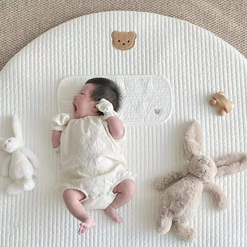85CM Bear Embroidery Pad Removable Cotton Round Carpet Floor Rugs Newborn Baby Crawling Mat Soft Zipper Kids Room Play Mats 6